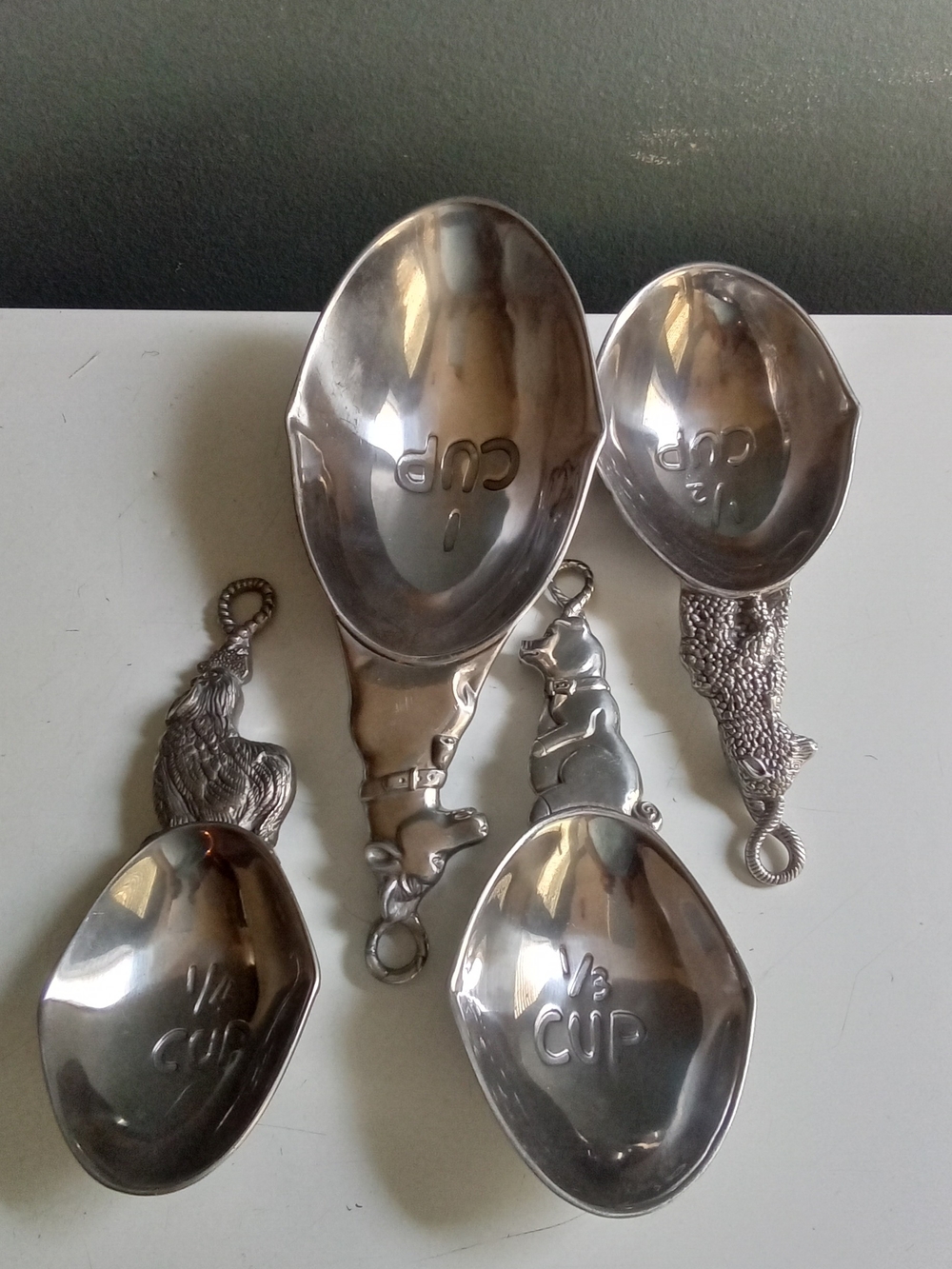 Vintage Animal Pewter Measuring Cups Set 4 Dog Cat Rooster Bear Farmhouse